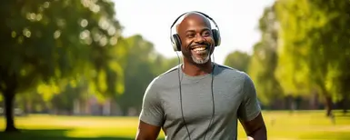 Mann mit Kopfhörern in grauem Shirt beim Joggen sieht lächelnd zur Seite.