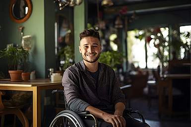 Junger Mann mit Bart und dunklem Pullover im Rollstuhl sieht lächelnd in die Kamera.