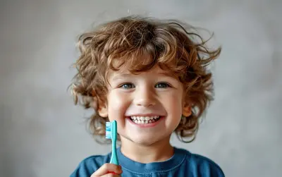 Kleiner Junge mit Zahnbürste in der Hand lächelt in die Kamera.
