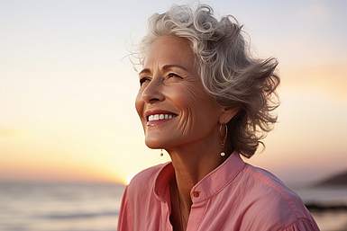 Ältere Frau mit grauem Haar in rosa Bluse am Strand sieht lächelnd zur Seite.