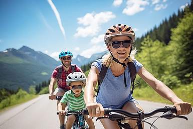 Familie mit Helmen und Sonnenbrillen auf Fahrrädern lächeln in die Kamera.