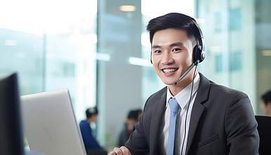 Ein junger Mann mit kurzen schwarzen Haaren und Anzug sitzt im Büro an seinem Tisch. Er trägt ein Headset und schaut lachend auf seinen Bildschirm.