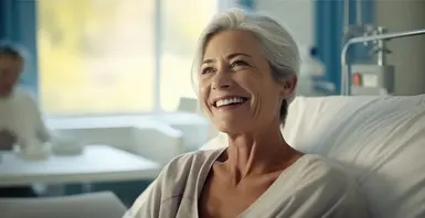 Ältere Frau in Krankenhausbett sieht lächelnd zur Seite.