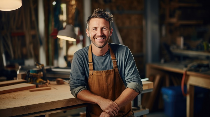 Junger Handwerker mit Bart in Arbeitskleidung und Pullover lacht in die Kamera.