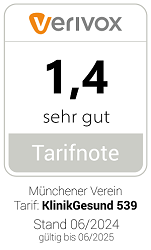 Siegel des Instituts Verivox mit der Tarifnote 1,4 für den Tarif KlinikGesund539 des Münchener Verein Stand 06/2024.