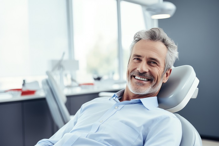 Mann mit grauen Haaren und Bart liegt auf dem Zahnarztstuhl und lacht.